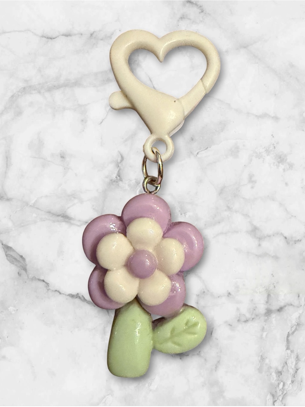 Heart Clip Pastel Flower Bag Charm - Pink, Cream & Green